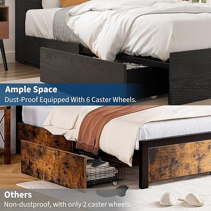 GarveeHome Full Size Bed Frame with High Storage Bookcase Headboard, Wood Bed Frame with 4 Storage Drawers, Built in Charging Station, No Box Spring Needed, Metal Frame, Noise-Free, Vintage Black
