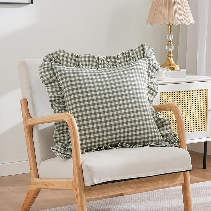 2 Pack Sage Green/White Plaid Ruffle Throw Pillow Covers Farmhouse Checkered Chic Washed Cotton Pillowcases Gingham Pillow Shams for Bed, Sofa, Living Room-20"x20" Sage Green