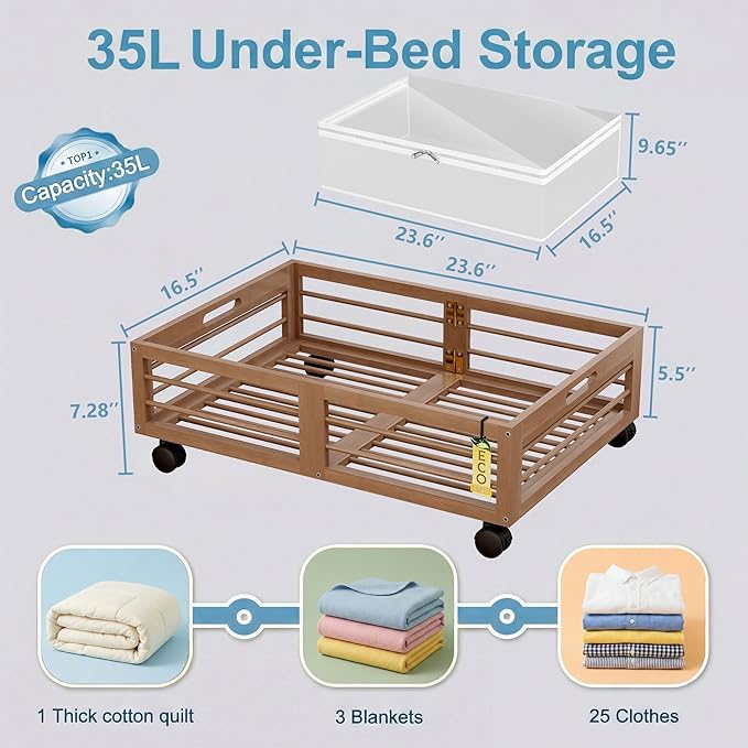 Bamboo Underbed Storage Containers with Wheels & Bag 2 Pack, Large Under Bed Rolling Storage Bins Wood Under Bed Clothes Storage Stackable Drawers for Bedroom Closet Under Crib Toy(Walnut)