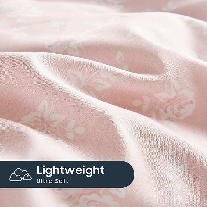 Wake In Cloud - Coquette Duvet Cover Set, Floral Cottagecore Flower Shabby Chic Cute Aesthetic, Soft Lightweight Bedding for Women Teen Girls, 3-Piece, Light Pink, Twin/Twin XL Size