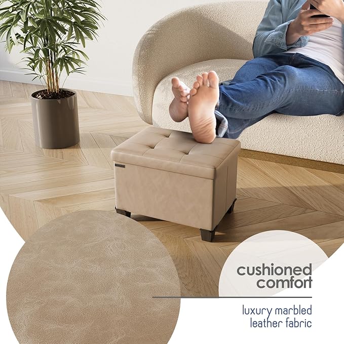 Storage Ottoman Cube with Small Bin, 16-in Square Ottoman with Storage for Living Room and Bedroom, Small Ottomans Foot Rest, Leather Foot Stools Ottomans Max 330lbs, Taupe