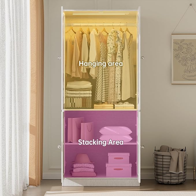 VOWNER 75" Tall Armoire Wardrobe Closet with Drawers & Lights, Clothing Storage Cabinet with 2 Glass Doors & Hanging Rod, Wooden Armoire Storage Cabinet for Bedroom (White Oak, 2 Doors)