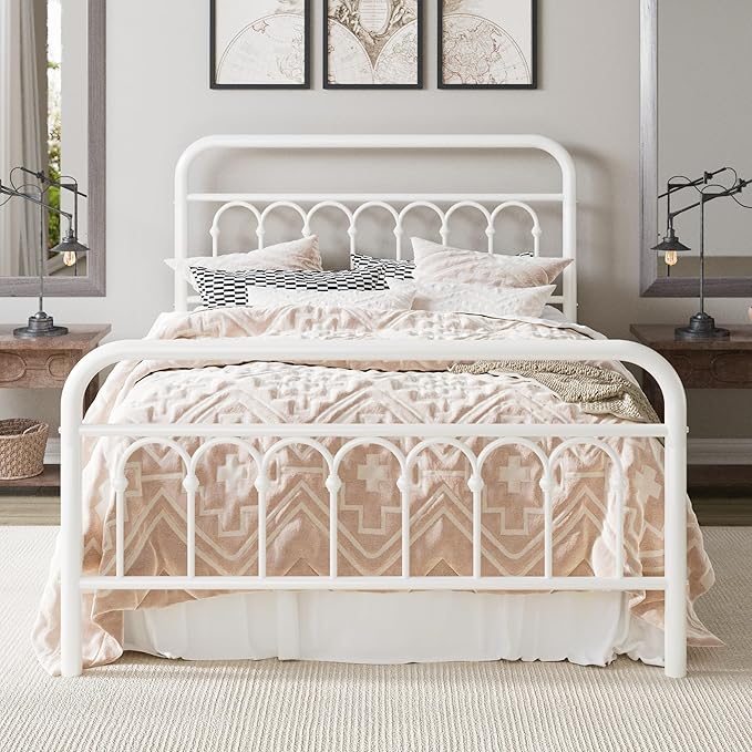Allewie 14 Inches Full Size Metal Platform Bed Frame with Victorian Style Curved Iron-Art Headboard/Footboard, Easy Assembly, Under Bed Storage, No Box Spring Required, Cream White
