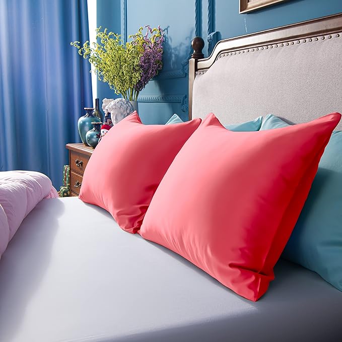 NTBAY Zippered Satin Pillow Cases for Hair and Skin, Luxury Standard Hidden Zipper Pillowcases Set of 2, 20x26 Inches, Coral Pink