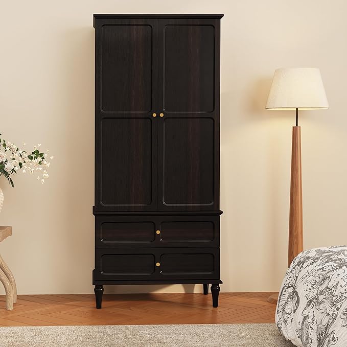 HLR 71" Mid-Century Modern Armoire Wardrobe Closet with Doors and Drawers,Wooden Armoire Storage Cabinet with Hanging Rod for Bedroom,Large Capacity Storage,Black