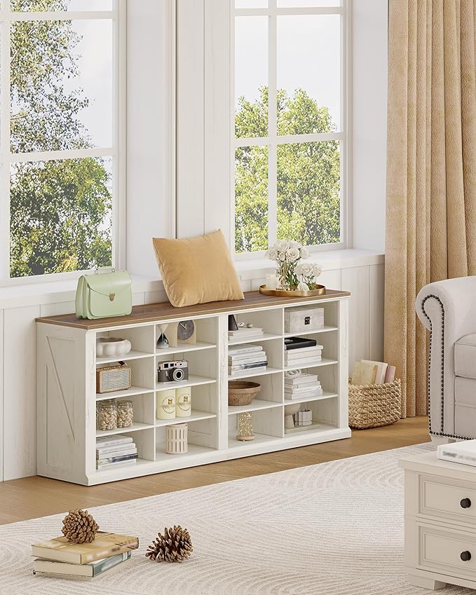 Hzuaneri Farmhouse Shoe Storage Bench, Entryway Shoe Cubby Bench, Widened Wooden Shoes Cubbies with Compartments, Shoes Rack Benchs for Cloakroom, Entryway, Antique White SB24614X