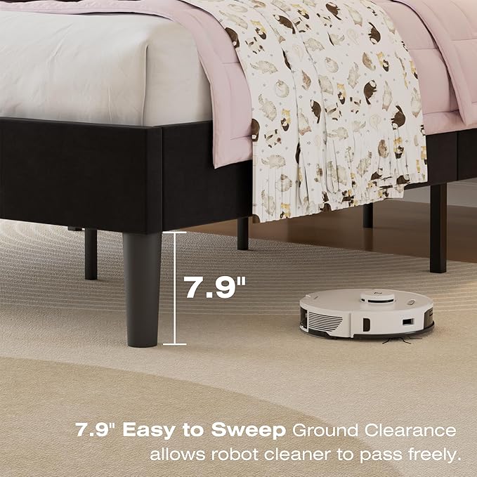 VECELO Twin Size Bed Frame with Upholstered Headboard, Heavy-Duty Bedframe with Wooden Slats & Steel Framework, Easy Assembly, Velvet & Black
