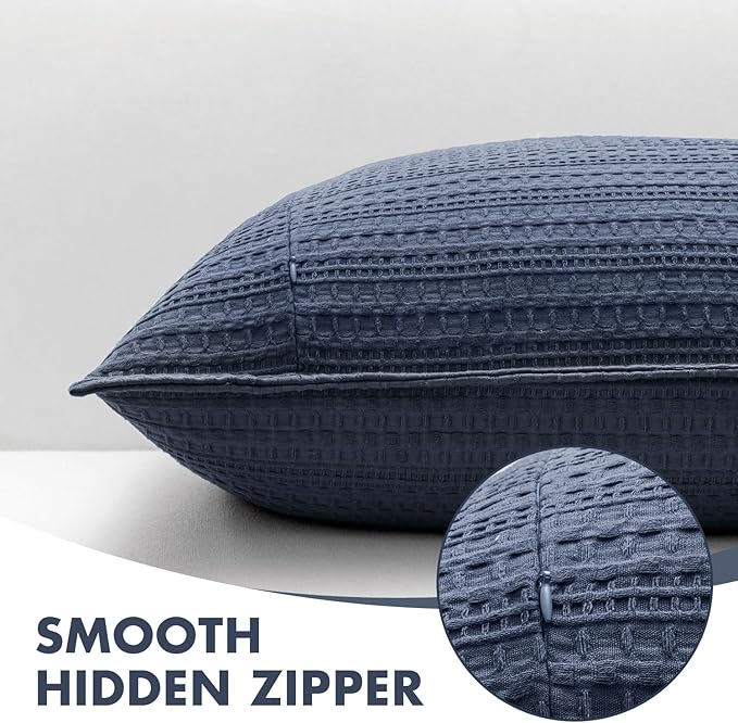 Set of 2 Decorative 100% Cotton Waffle Euro Sham Pillow Covers 26x26, Neutral Throw Pillows Weave European Cushion Cases for Couch Sofa Bed Modern Farmhouse Home Decor, Navy Blue