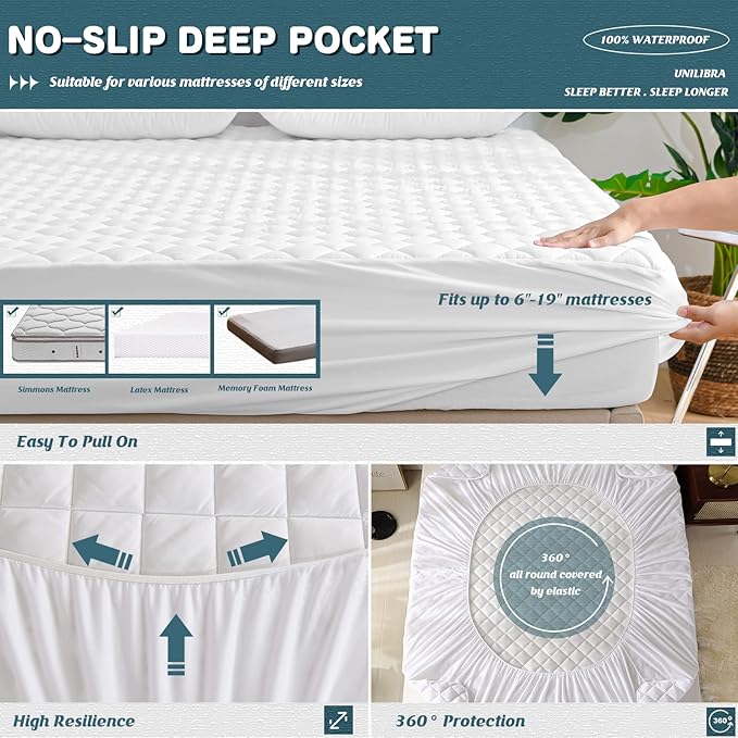 UNILIBRA Full Mattress Cover Waterproof, Deep Pocket Mattress Pad Protector Fits to 6''-19'', Breathable Hollow Cotton Filling Quilted Mattress Protector for Full Size