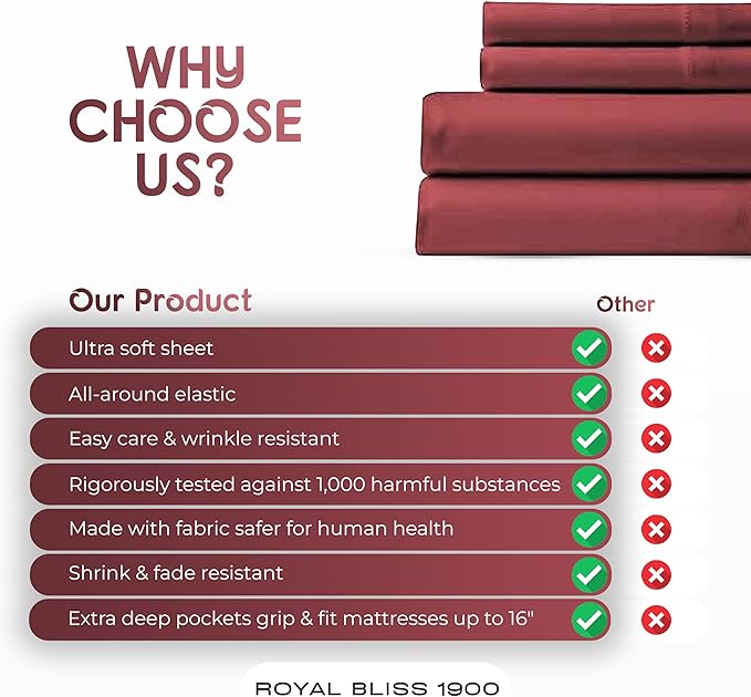 Split Queen Sheets - 5 Pcs Set for Adjustable Bed - Soft, Wrinkle-Resistant (Burgundy)