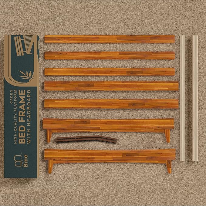 Bme Caden 15 Inch Bed Frame with Adjustable Headboard - Mid Century, Retro Style with Acacia Wood - No Box Spring Needed - 12 Strong Wood Slat Support - Easy Assembly - Caramel, Twin