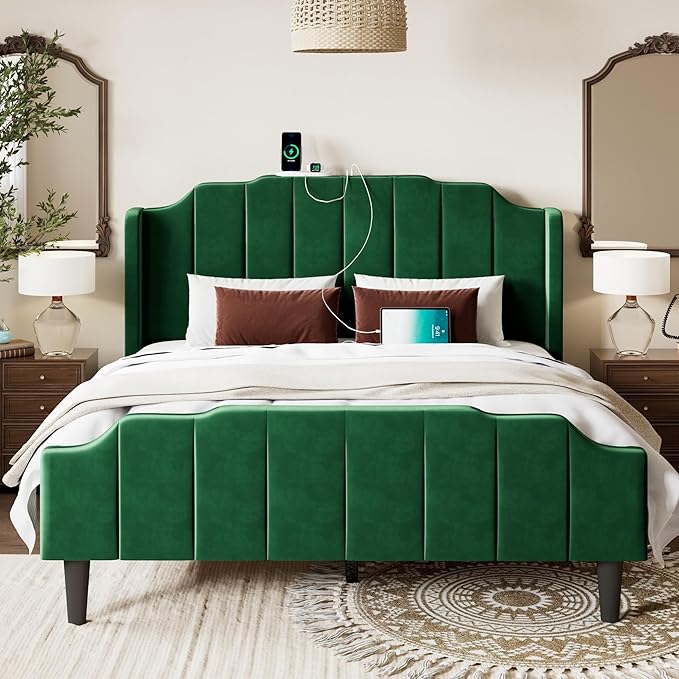 Allewie Vintage Full Size Velvet Platform Bed Frame with Curved Vertical Tufted Wingback Headboard and Footboard, Charging Station, Easy Assembly, Under Bed Storage, No Box Spring Required, Green