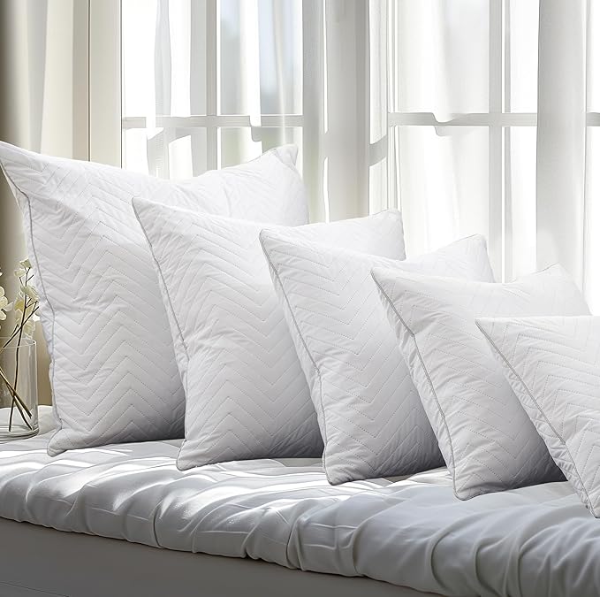 Bafode Goose Feathers Throw Pillow Inserts Set of 2, 12x20 Luxurious Corrugated Quilting Euro Decorative Pillows Insert with Exquisite Silver-Grey Satin Edging, Perfect for Couch, Bed, Sofa