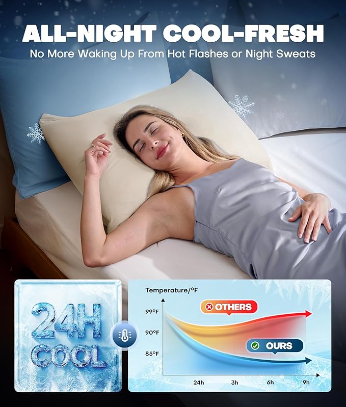 Ultra-Chill Cooling Pillowcase Set of 2 for Hot Sleepers, Softer Than Silk Pillow Cases for Protecting Hair & Skin, Breathable Bed Pillow Covers w/Zipper, Gifts for Women Men(Beige, King)