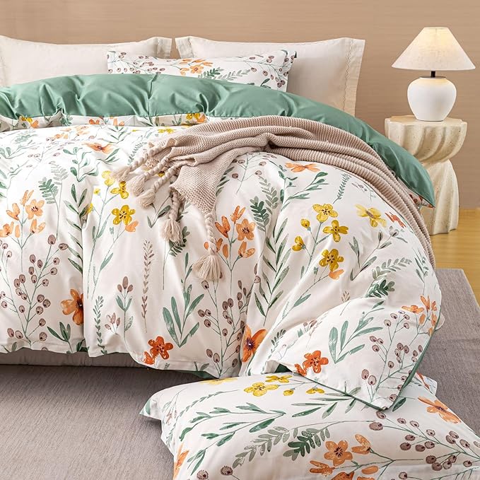OAITE Duvet Cover Set King Size Floral Pattern Ultra Soft 100% Cotton Duvet Cover Sets 3-PC, Breathable Duvet Cover with Zipper Closure & Corner Ties(2 Pillow Shams,1 Duvet Cover)