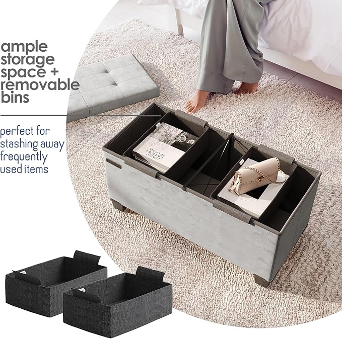 Storage Ottoman Bench with Bins, 30-in Storage Bench for Bedroom End of Bed, Folding Foot Rest Ottoman for Living Room Max 660lbs, Velvet Ottomans, Light Grey