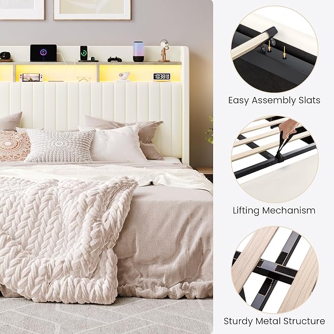 SHA CERLIN King Size Lift Up Storage Bed Frame/LED Lights/Charging Station/2-Tier Shelves Headboard/USB,Type-C Ports/Velvet Upholstered/Hydraulic Support/No Box Spring Needed/Noise Free/Cream