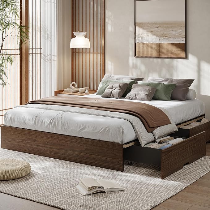 GarveeHome California King Wood Platform Bed Frame with 2 Storage Drawers, Wooden Bed Frame Without Headboard, Wood Slat Support, No Box Spring Needed, Easy Assembly