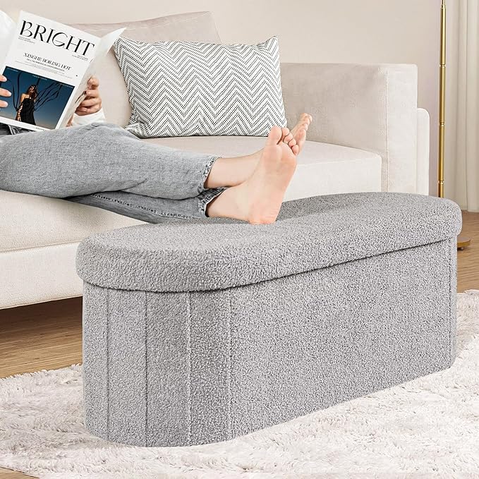 PINPLUS Storage Ottoman Bench Tufted Folding Ottomans Bench Foot Rest, Chest Box Velvet Bench with Storage, 43"x15"x15" (Grey)