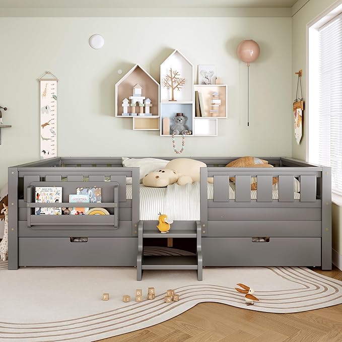 Bellemave Queen Size Kids Montessori Bed with Stairs and Bookshelf,Solid Wood Queen Size Kids Bed Frame with Drawers and Storage for Girls Boys,Low-Profile,Gray