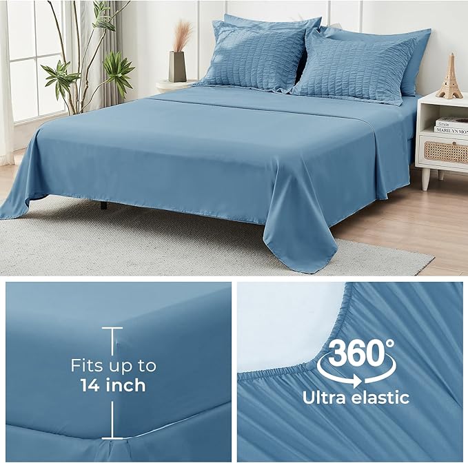 HYMOKEGE Mineral Blue Twin XL Comforter Set Seersucker 5 Pieces, All Season Luxury Bed in a Bag for Bedroom, Bedding Set with Comforter, Sheets, Pillowcase & Sham
