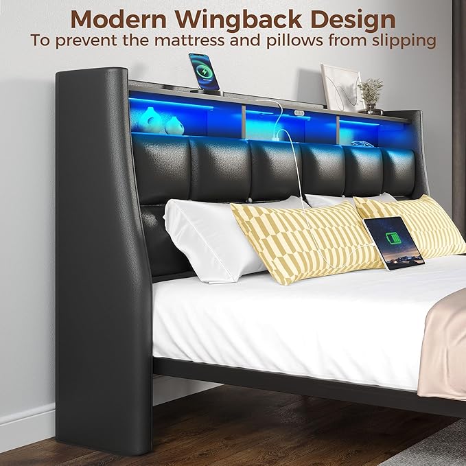 Rolanstar Queen Size Bed Frame with LED Lights and Charging Station, Upholstered Headboard with 2-Tier Storage Shelves, Heavy Duty Metal Frame, Noise-Free Support, Easy Assembly, No Box Spring Needed