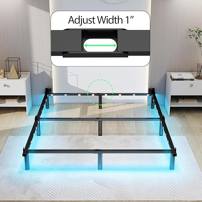 Queen Bed Frame LED Lights Platform Bed Frame Queen Size for Box Spring Mattress Foundation,7 Inch 9 Legs Strong Support Basics Bed Base with Charging Station,Heavy Duty,Noisy Free (7 Inch, Queen)
