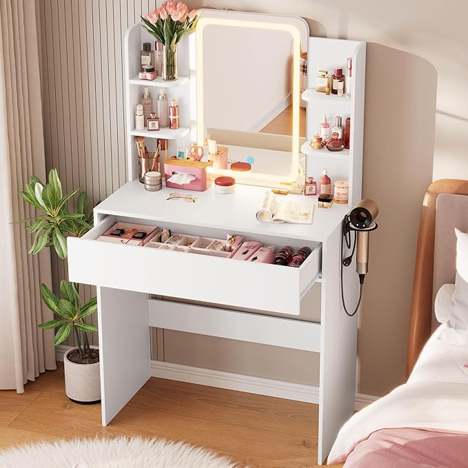 HAIOOU Small Vanity Desk with Mirror and Lights, Makeup Vanity Desk with Storage Drawer, Compact Dressing Table with 3-Tier Open Shelf for Girls Women Bedroom (White)