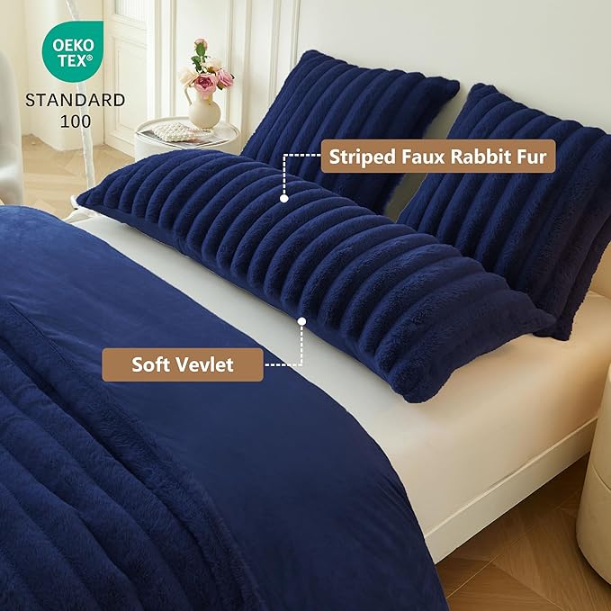 MEGO Fluffy Faux Rabbit Fur Body Pillow Cover, Luxury Plush Fuzzy Striped 20x54 Bed Body Pillowcase, Shaggy Furry Ribbed Bedroom Long Pillow Case with Zipper for Pregnant Women Side Sleeper, Navy Blue