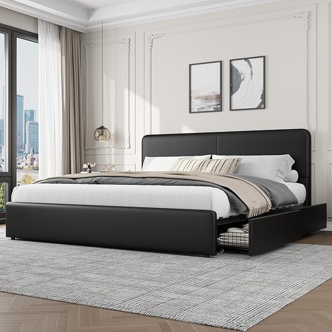 GarveeHome Modern Upholstered Platform Bed Frame with Headboard and Storage Drawers – PU Black Faux Leather, Sturdy Wooden Slat Support, Noise-Free, No Box Spring Needed, Easy Assembly – King Size, PU