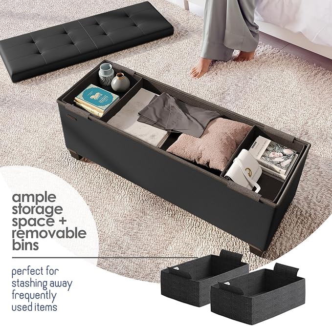 Storage Ottoman Bench with Bins, 43-in Storage Bench for Bedroom End of Bed, Folding Foot Rest Ottoman for Living Room Max 660lbs, Faux Leather Ottomans, Black