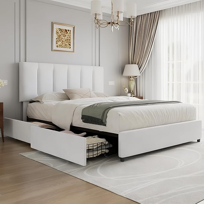 VECELO Queen Size Bed Frame with 4 Storage Drawers, Adjustable Height Headboard, Heavy-Duty Platform Bedframe with Strong Wooden Slats, No Box Spring Needed, Pure White