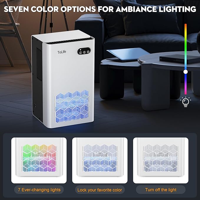 ToLife Dehumidifier for Home, 1000 sq.ft Dehumidifiers for Basement Bedroom Bathroom with 95 OZ Water Tank, Auto Shut Off 7 Colors LED Light, White Black