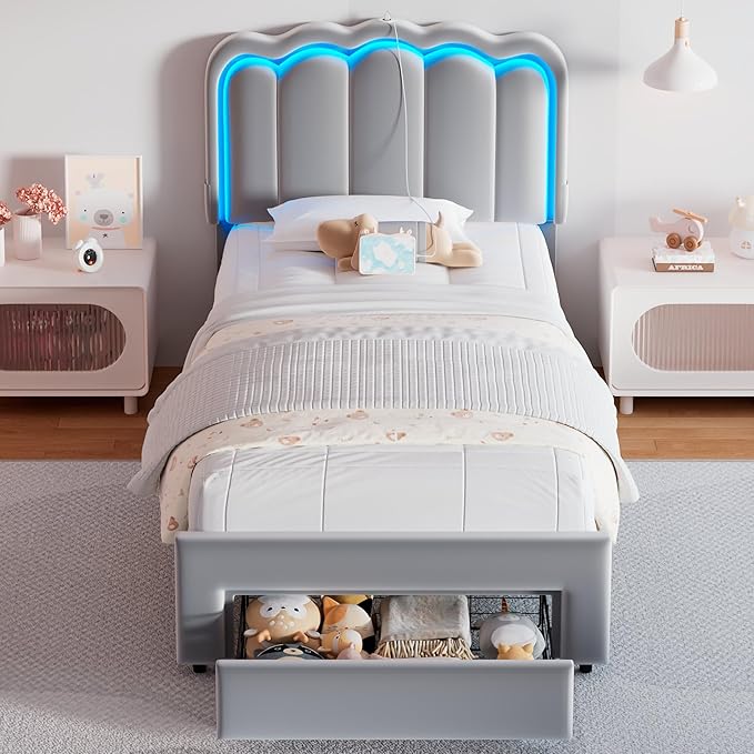 Jocoevol Twin Upholstered LED Bed Frame with Storage Drawer and Adjustable Chic Double Wavy Headboard, Velvet Princess Platform Bed for Girls/Kids, Solid Wood Slats Support, No Box Spring Needed, Grey