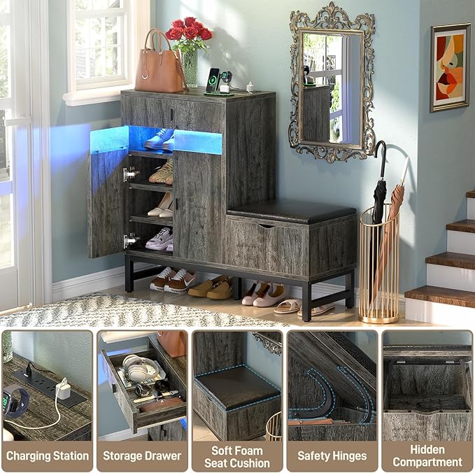 Armocity Shoe Cabinet Storage for Entryway - Freestanding Shoe Rack Bench with LED Lights & Power Outlets, Reversible Shoe Storage Cabinet Organizer with Drawer and Hidden Compartment, Grey Oak
