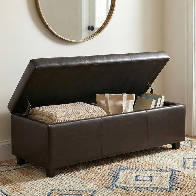 SIMPLIHOME Avalon Storage Ottoman Bench - 48" Wide x 16" High Upholstered Vegan Leather Rectangular Lift-Top Ottoman in Tanners Brown, Contemporary Storage Bench for Living Room with High-Density Foam