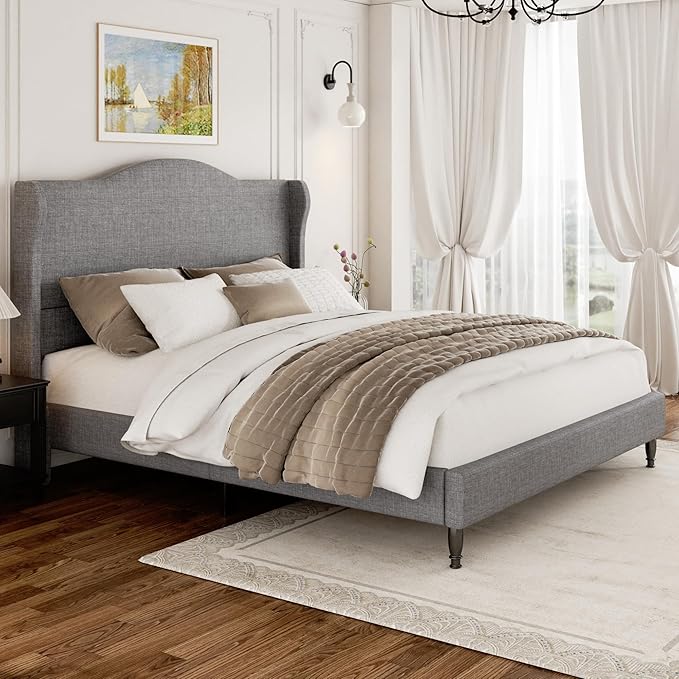 Queen Size Bed Frame with 50.4" Tall Wingback Headboard, Upholstered Platform Bed Frame with Arched Tufted Design, No Box Spring Needed, 1000lbs Heavy Duty Support, Easy Assembly, Light Grey