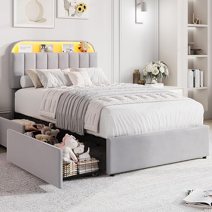 GarveeHome Twin XL Bed Frame with Storage Headboard, Kids Bed Frame with 2 Drawers, Velvet Upholstered Platform Bed Frame with Lights, No Box Spring Needed, Easy Assembly, Velvet Grey