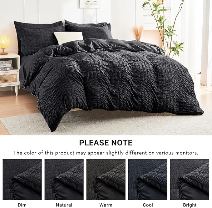 HYMOKEGE Black Oversized King Comforter Set Seersucker 7 Pieces, All Season Luxury Bed in a Bag for Bedroom, Bedding Set with Comforter, Sheets, Pillowcases & Shams