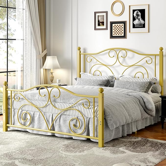 VECELO Queen Size Bed Frame with Headboard and Footboard, Heavy Duty Metal Slat Support, Platform Mattress Foundation, No Box Spring Needed, Easy Assembly, Gold