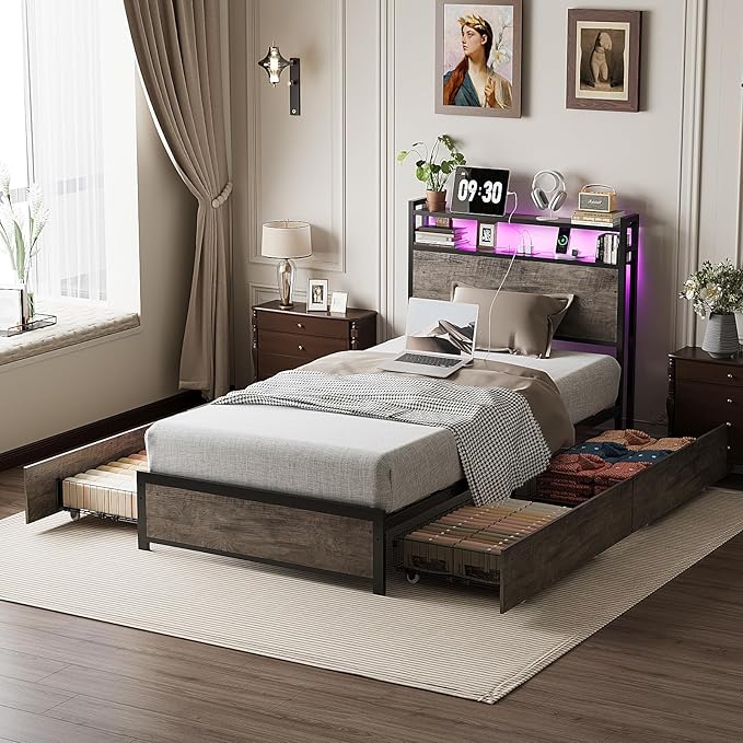 VINGLI Bed Frame Twin Size with 4 Storage Drawers and Headboard, Metal Platform Bed with Charging Station and RGB LED Lights, No Box Spring Needed, Noise Free, Easy Assembly, Wash Grey