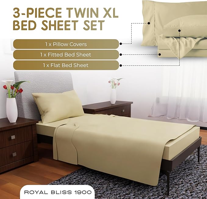Twin XL Sheets Set - 3 Piece Bedding - Wrinkle Free, Fade Resistant, Double Brushed Microfiber - Deep Pockets/Easy Fit - 1800 Series Ultrasoft, Cooling Sheets (Tan)