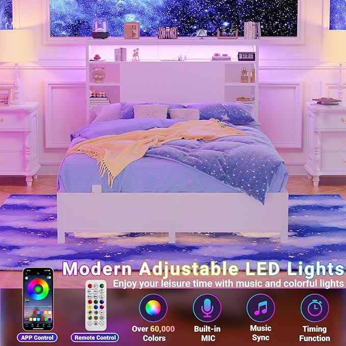 Unikito Twin Headboard with Storage, Headboard with Power Outlets and Smart LED Lights, Sturdy Head Board for Twin Size Bed, Stable Headboards Only for Bedroom, Dorm Room, Guest Room, White