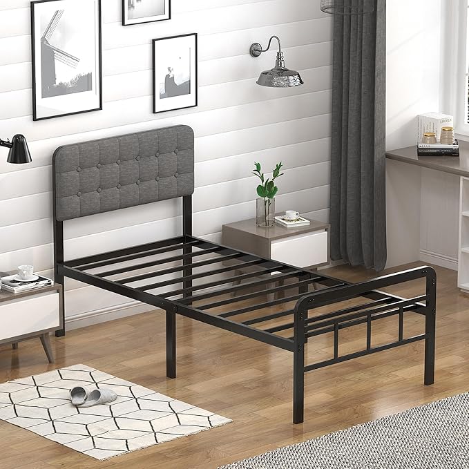 EMODA 16 Inch Twin XL Bed Frames with Upholstered Headboard and Metal Footboard, Heavy Duty XL Twin Metal Bed Frame, No Box Spring Needed, Easy Assembly