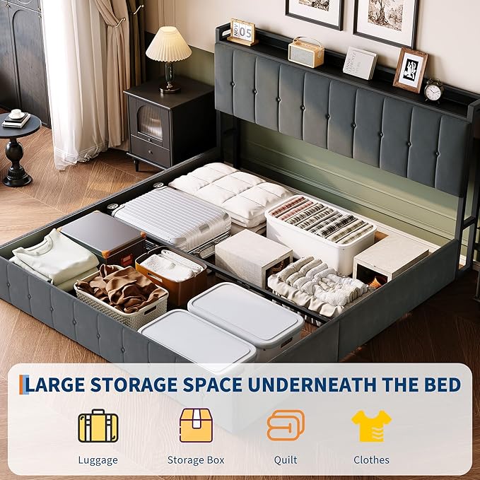 Garvee King Size Lift Up Storage Bed, Upholstered Velvet Bed Frame with Storage Headboard, Metal Platform Bed, No Box Spring Needed, Solid Wooden Slats, Noise Free, Grey