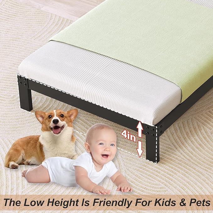 4 Inch Twin Bed Frame Heavy Duty Low Profile Metal Platform No Box Spring Needed with Steel Slat Support,Easy Assembly,Noise-Free (4 inch,Twin)