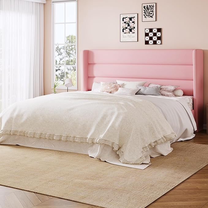 Allewie Queen Size Platform Bed Frame with Velvet Upholstered Wingback Headboard, No Box Spring Needed, Under Bed Storage Space, Strong Wooden Slats, Modern Mattress Foundation, Easy Assembly, Pink