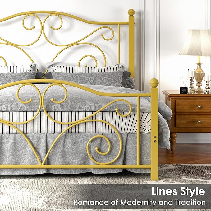 VECELO Queen Size Bed Frame with Headboard and Footboard, Heavy Duty Metal Slat Support, Platform Mattress Foundation, No Box Spring Needed, Easy Assembly, Gold