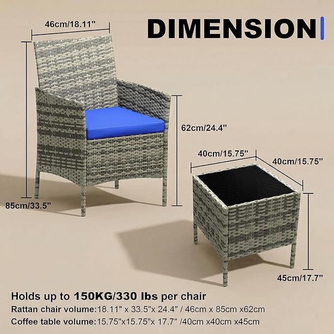 GarveeHome 3-Piece Patio Bistro Set, PE Rattan Outdoor Conversation Furniture with 2 Cushioned Chairs & Coffee Table, Weather-Resistant for Backyard, Balcony, Porch (Blue Cushion)
