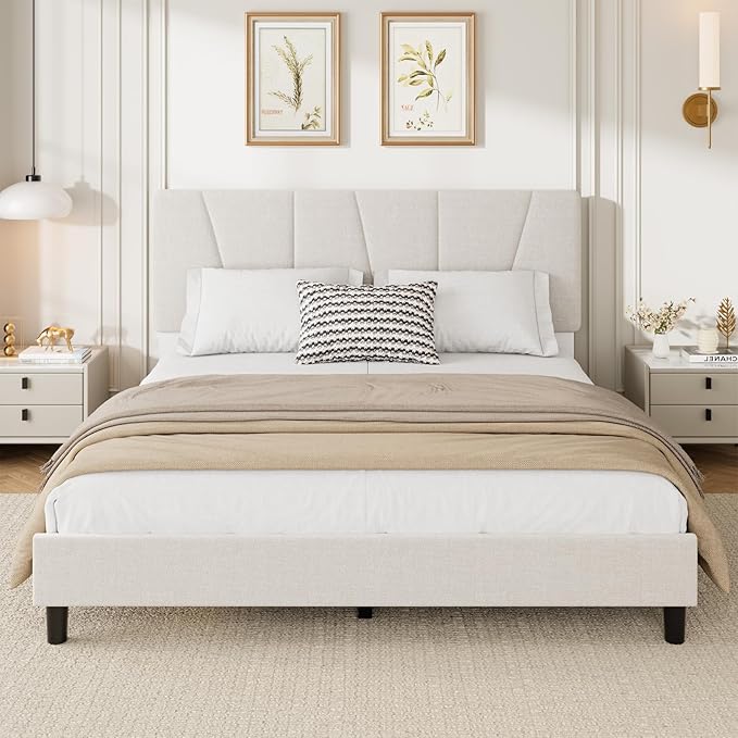 Full Size Upholstered Platform Bed Frame with Adjustable Headboard, Fits 8-14 Inch Mattress, Heavy Duty Bed Frame with Wooden Slats Support, Noise-Free, Non-slip, No Box Spring Needed, Easy Assembly